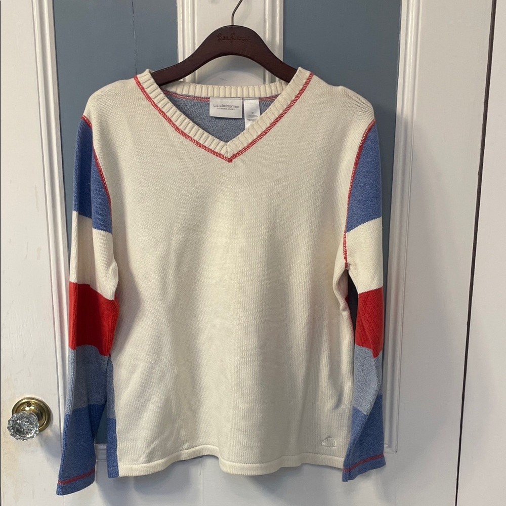 Liz Claiborne Lizwear Jeans V-Neck Stripe Sweater
